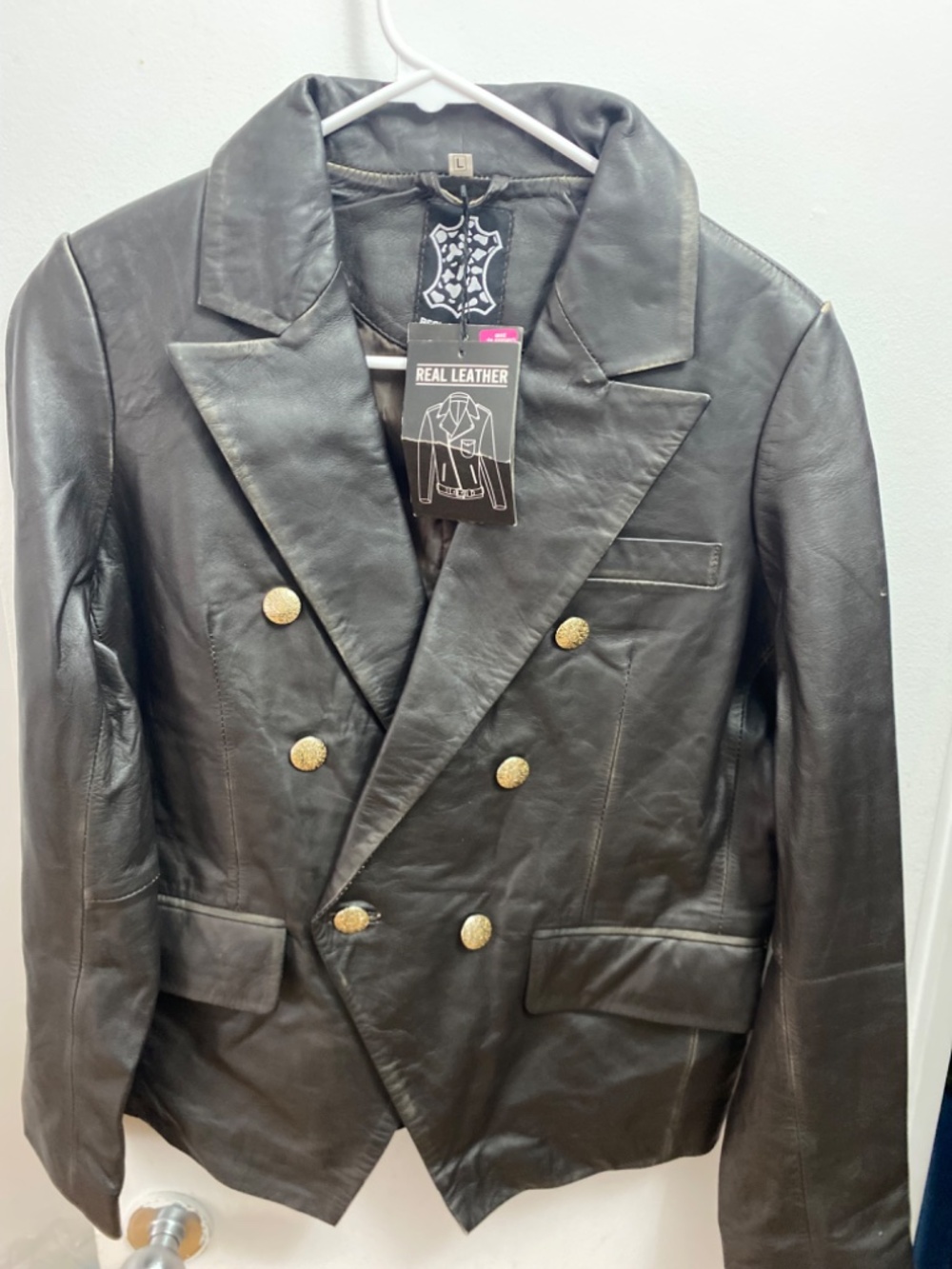 Real Leather Double Breasted Blazer Jacket Gold Buttons L